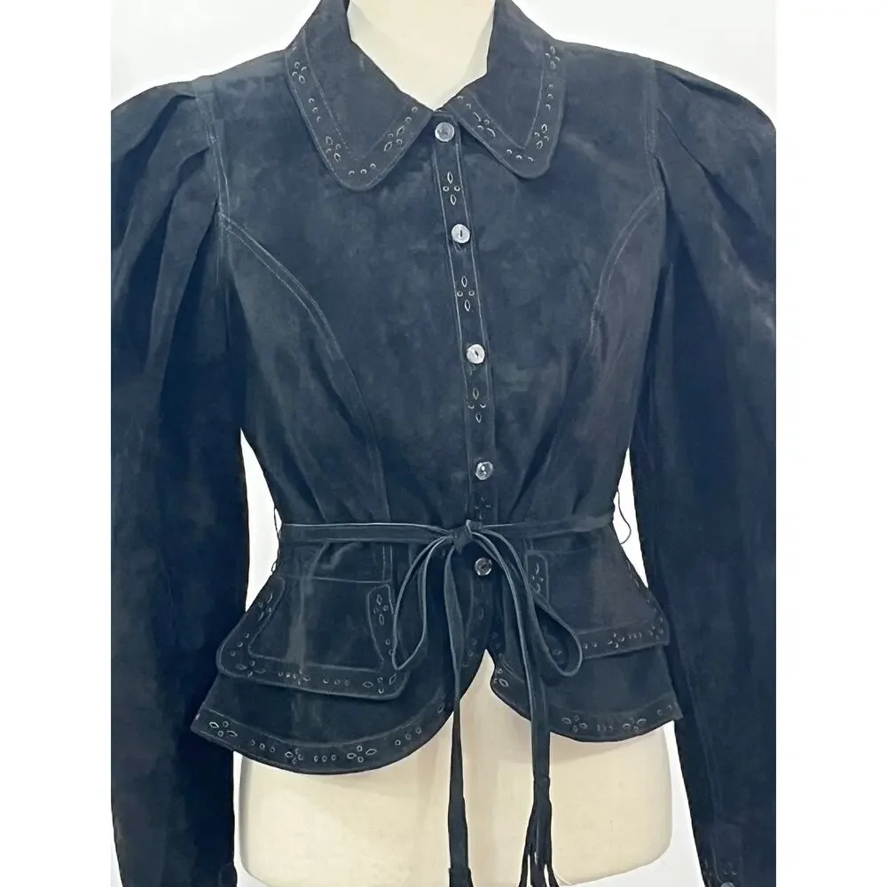 HUNTER BELL Sz 6 Murphey Suede Jacket Puff Sleeve Noir NWT
